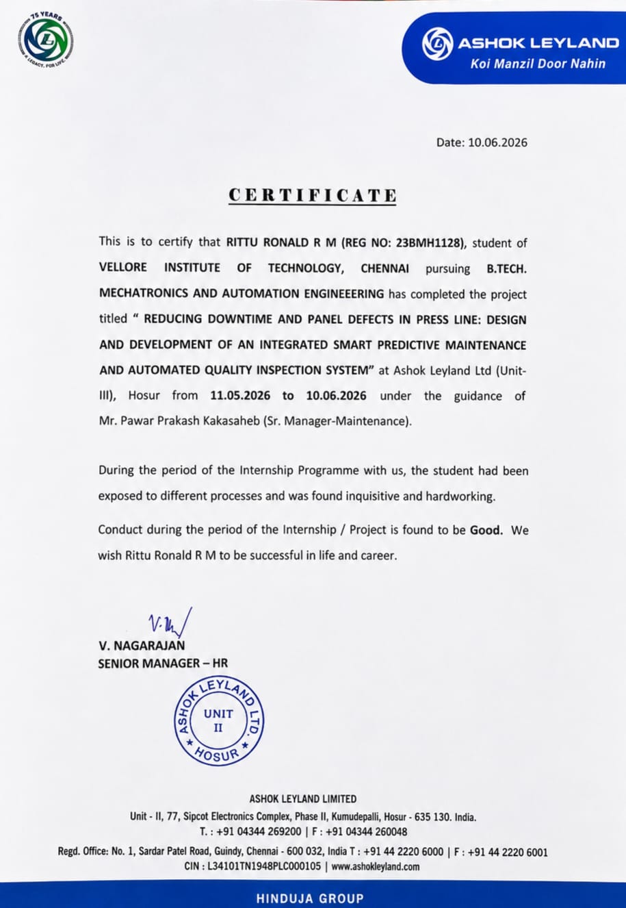 Ashok Leyland Internship Certificate